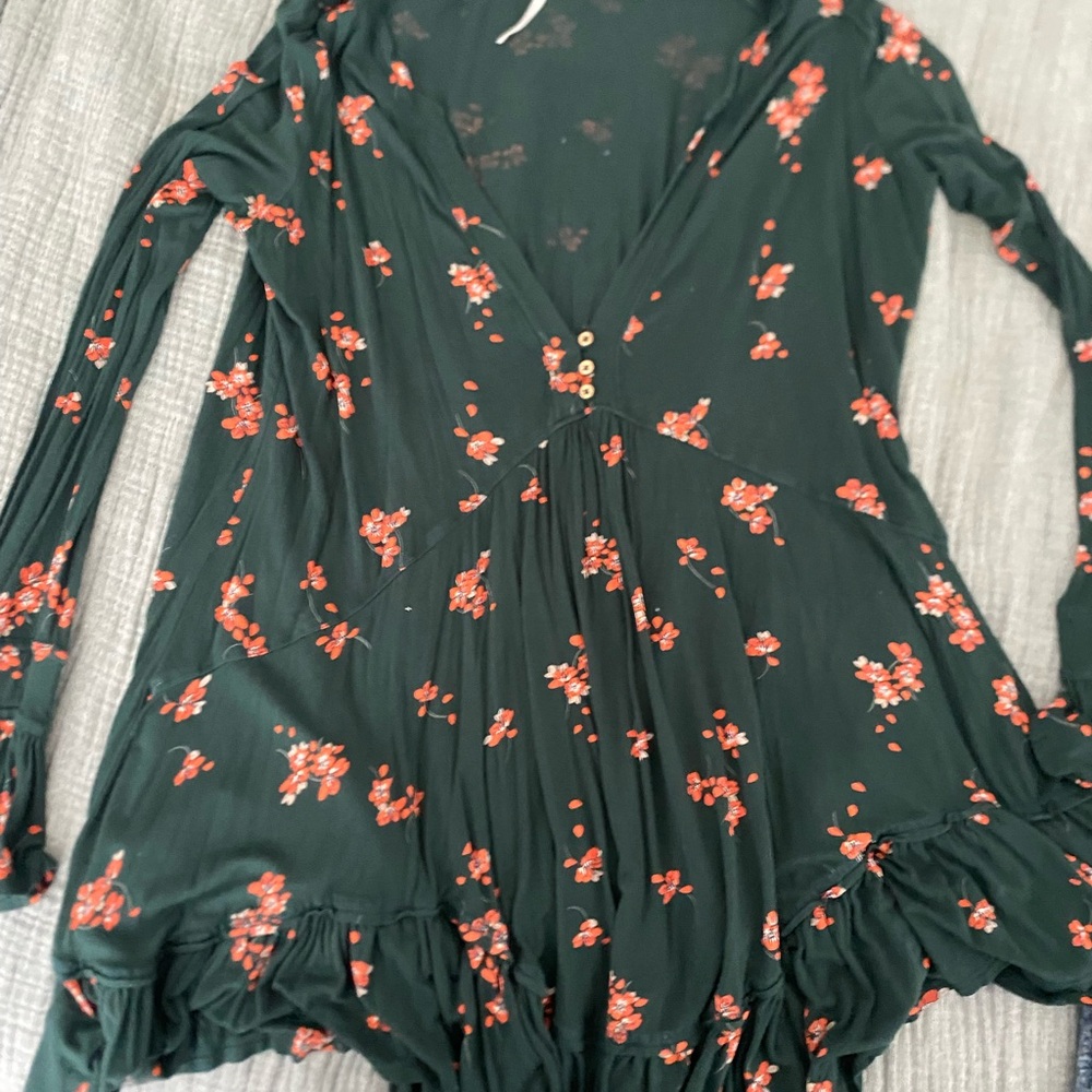 Free People Dark Green Floral Blouse